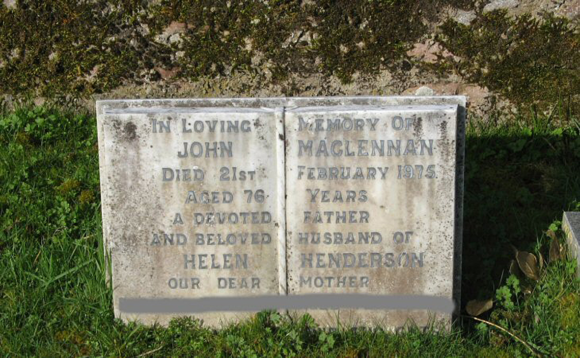 Photo of headstones/John MacLennan died 1975 MI Fodderty